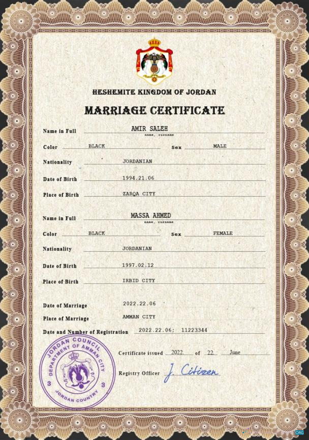 Download Jordan marriage certificate PSD template Photoshop template